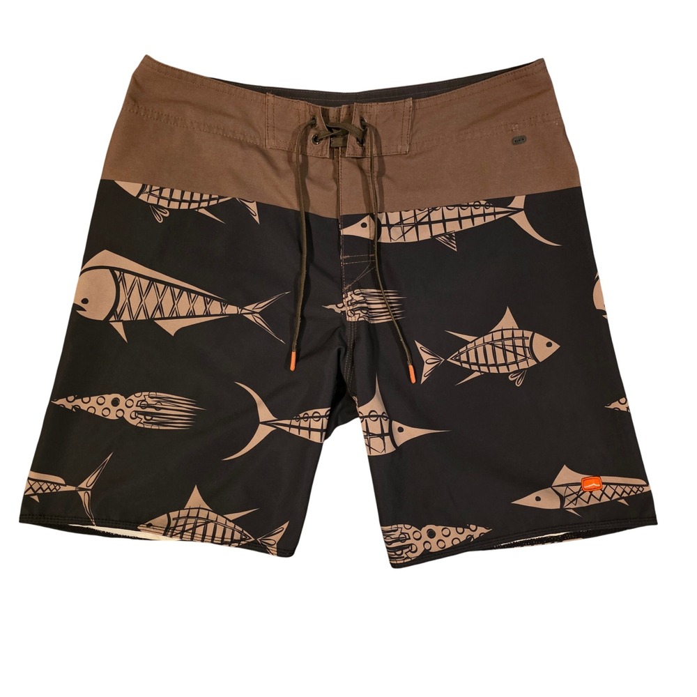 Cova Mens Board Shorts Size 32 Black Brown Fish Squid Skeleton Swim Trunks 9 In